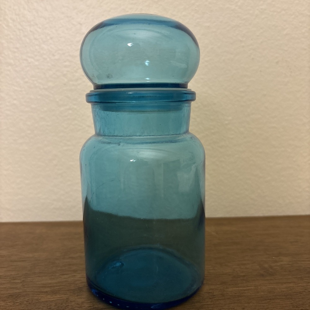 Vintage Blue Glass Apothecary Jar 6.75" Belgium Deco Container Canister Storage